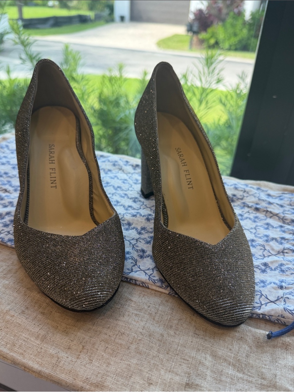 Sarah Flint Silver Glitter Pointed Toe Block Heel Pumps